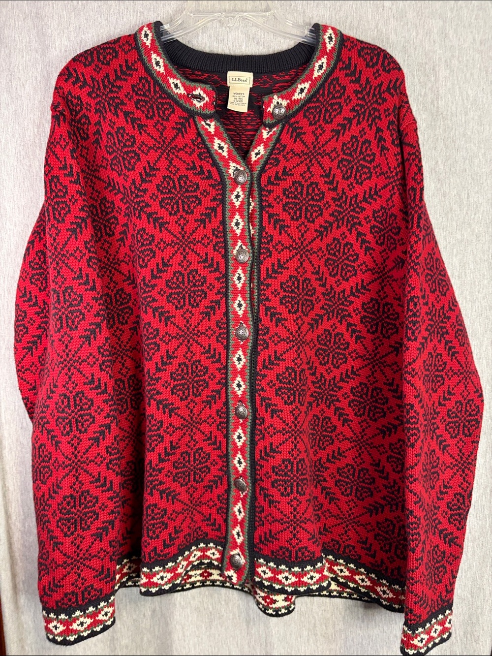L.L. Bean Red and Black Nordic Button-Front Cardigan